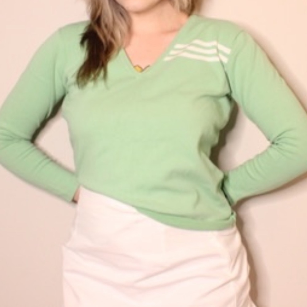 Adidas Y2K 00s Pastel Green White Striped V Neck Sweater Large